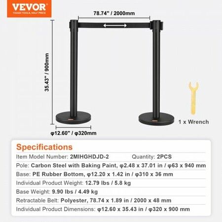 Crowd Control Stanchions 2-Pack Crowd Control Barriers Carbon Steel Baking Painted Stanchion Queue Post with 6.5FT Black Retractable Belt Belt Barriers