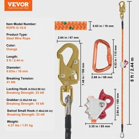 16mm Steel Core Flipline 8ft(2.4m) Arborist Flipline for Fall Protection