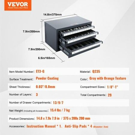 End Mill Dispenser Cabinet Three-Drawer End Mill Organizer Cabinet for 1/8" to 1" Steel End Mill Dispenser Organizer Cabinet with Labels 29-Compartment