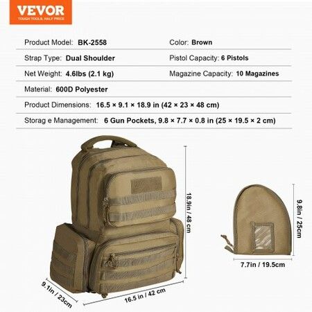 Tactical Range Backpack for 6 Pistols Gun Backpack Brown