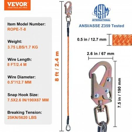 Steel Core flipline 1/2" x 8' Arborist Flipline Flip Line for Tree Climbing with Alloy Steel Snap Hook Aluminum Alloy Carabiner and Extra Tool Lanyard