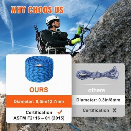 12.7mm Static Climbing Rope 38M(125ft) Outdoor Rock Climbing Rope Blue