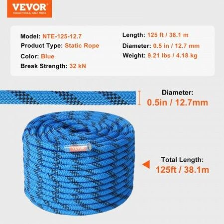 12.7mm Static Climbing Rope 38M(125ft) Outdoor Rock Climbing Rope Blue