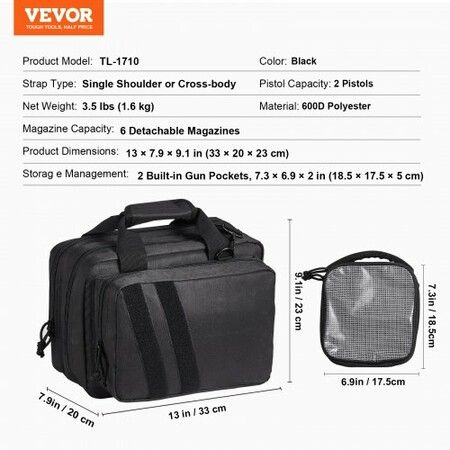 Range Bag for 2 Pistols Tactical Gun Bag 2 Built-in Pistol Bags Black