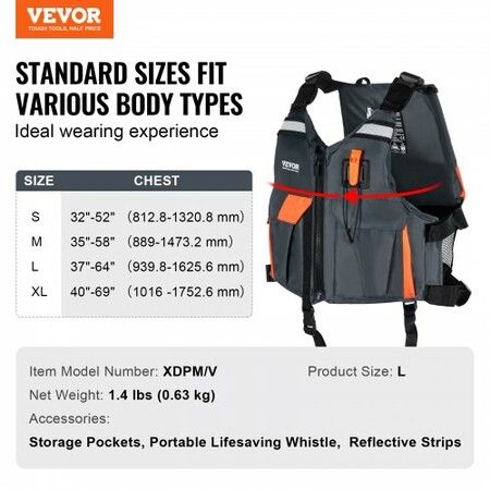 Life Vest for Watersports (PFD) Life Jacket with Waterproof Nylon & 96N Buoyancy Life Vest/Jacket for Any Water Activity-Fishing Kayaking Surfing L