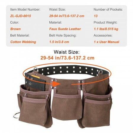 Tool Belt Carpenter Construction Tool Pouch 13 Pockets 73.6-137.2 cm Waist