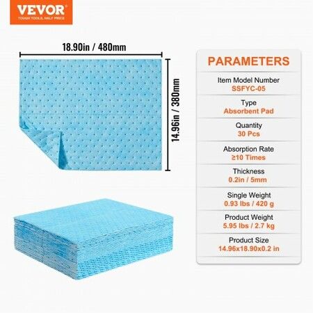 Spill Absorbent Pads Water Absorbing Mat Pad in Dispenser Box 6 Gal Capacity 15" L x19" W Polypropylene Absorbent Pad for Water 30 pcs per Box