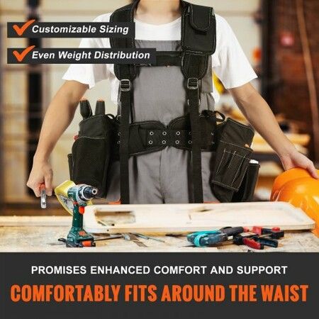 Tool Belt with Suspenders 29 Pockets 29-54 inches Adjustable Waist Size Tool Belts for Men 600D Polyester Heavy Duty Carpenter Tool Pouch Black