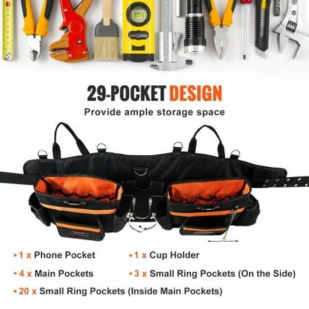 Tool Belt with Suspenders 29 Pockets 29-54 inches Adjustable Waist Size Tool Belts for Men 600D Polyester Heavy Duty Carpenter Tool Pouch Black