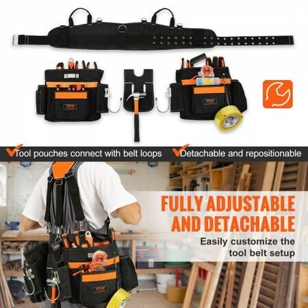 Tool Belt with Suspenders 29 Pockets 29-54 inches Adjustable Waist Size Tool Belts for Men 600D Polyester Heavy Duty Carpenter Tool Pouch Black