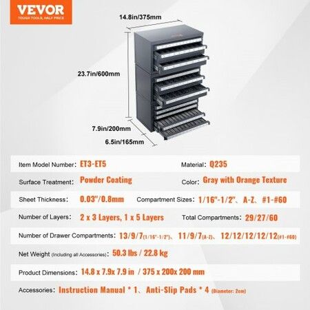 Drill Bit Dispenser Cabinet 3 Pieces Three-Drawer for 1/16" to 1/2" & Letter Sizes A to Z Five-Drawer Drill Bit Organizer for Wire Gauge