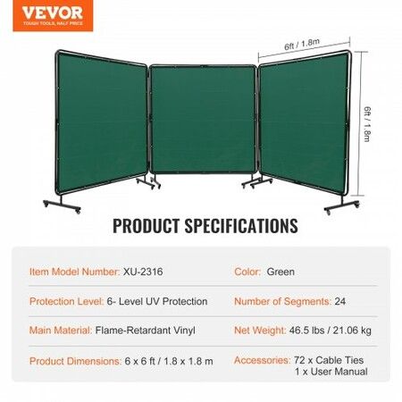 Welding Screen with Frame 3 Panel 6' x 6' Welding Curtain Screen 12 Wheels