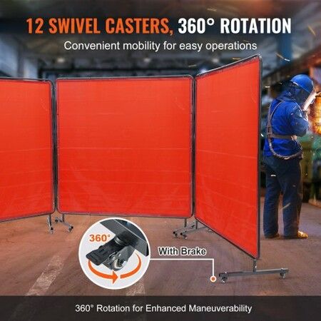 Welding Screen with Frame 3 Panel 6' x 6' Welding Curtain Screen 12 Wheels