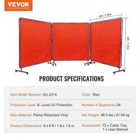 Welding Screen with Frame 3 Panel 6' x 6' Welding Curtain Screen 12 Wheels