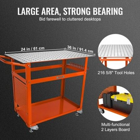 Welding Table 36'' x 24'' 600lbs Load Capacity Steel Welding Workbench Table on Wheels Portable Work Bench with Double-layer Storage Board