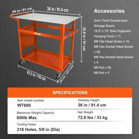 Welding Table 36'' x 24'' 600lbs Load Capacity Steel Welding Workbench Table on Wheels Portable Work Bench with Double-layer Storage Board