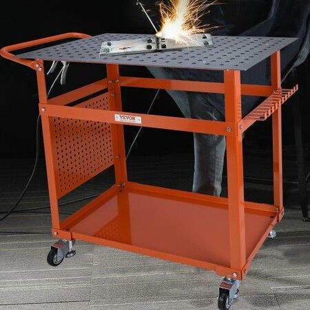 Welding Table 36'' x 24'' 600lbs Load Capacity Steel Welding Workbench Table on Wheels Portable Work Bench with Double-layer Storage Board