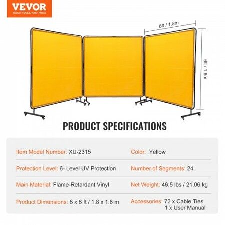 Welding Screen with Frame 3 Panel 6' x 6' Welding Curtain Screen 12 Wheels