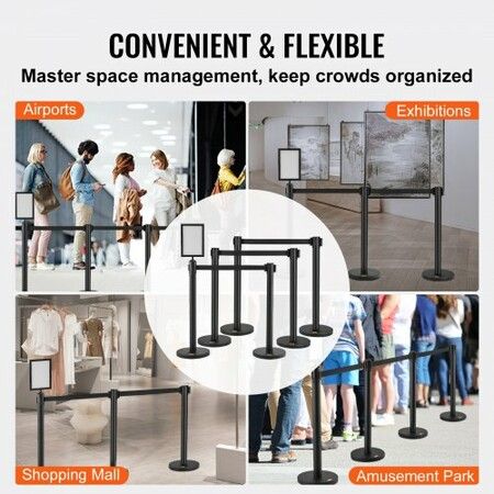 Crowd Control Stanchions 6-Pack Crowd Control Barriers Carbon Steel Baking Painted Stanchion Queue Post with Sign Holder & 3PCS 6.5FT Retractable Belt