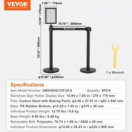 Crowd Control Stanchions 6-Pack Crowd Control Barriers Carbon Steel Baking Painted Stanchion Queue Post with Sign Holder & 3PCS 6.5FT Retractable Belt