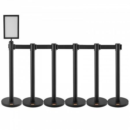 Crowd Control Stanchions 6-Pack Crowd Control Barriers Carbon Steel Baking Painted Stanchion Queue Post with Sign Holder & 3PCS 6.5FT Retractable Belt