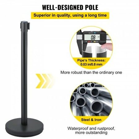 Crowd Control Stanchion Set of 6 Pieces Stanchion Set Stanchion Set with 6.6 ft/2 m Black Retractable Belt Black Crowd Control Barrier