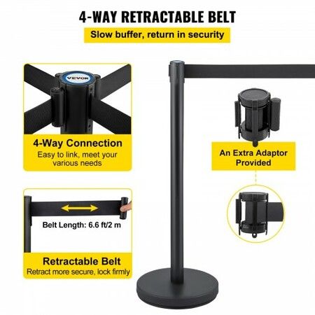 Crowd Control Stanchion Set of 6 Pieces Stanchion Set Stanchion Set with 6.6 ft/2 m Black Retractable Belt Black Crowd Control Barrier