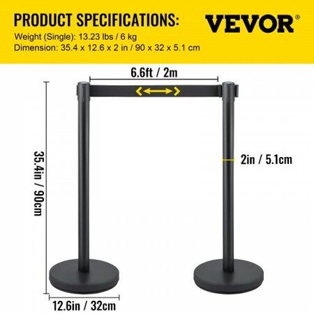 Crowd Control Stanchion Set of 6 Pieces Stanchion Set Stanchion Set with 6.6 ft/2 m Black Retractable Belt Black Crowd Control Barrier