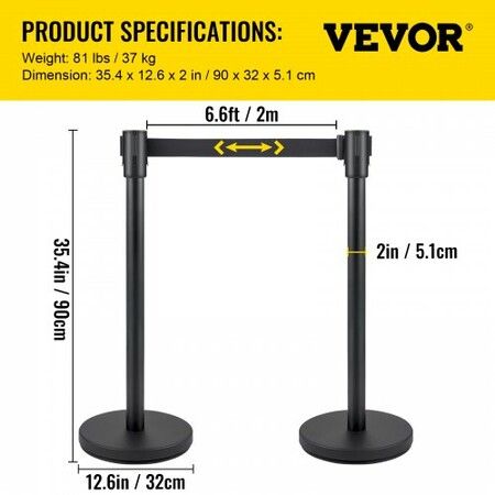 Crowd Control Stanchion Stanchion Set 6Pcs w/ 2 m Black Retractable Belt