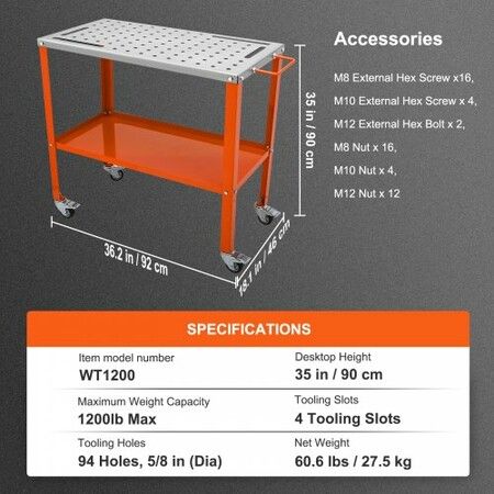 36" x 18" Welding Table 1200lbs Load Capacity Steel Welding Workbench Table on Wheels Portable Work Bench with Braking Lockable Casters 4 Tool Slots