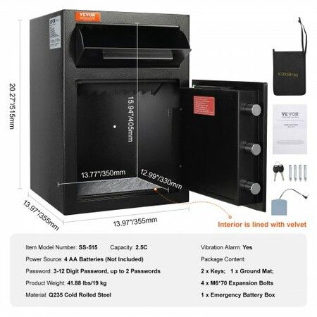 2.5 Cub Depository Safe Deposit Safe with Drop Slot Electronic Code Lock and 2 Emergency Keys 20.27''x13.97''x13.97'' Business Drop Slot Safe for Cash Mail