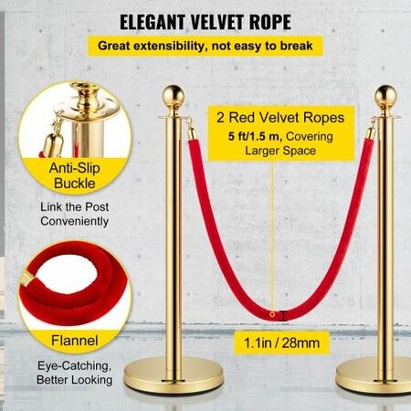 Velvet Ropes and Posts 5 ft/1.5 m Red Rope Stainless Steel Gold Stanchion w/ Ball Top Red Crowd Control Barrier Used for Theaters Party Wedding Exhibition