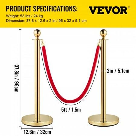 Velvet Ropes and Posts 5 ft/1.5 m Red Rope Stainless Steel Gold Stanchion w/ Ball Top Red Crowd Control Barrier Used for Theaters Party Wedding Exhibition