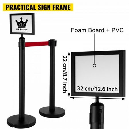 Stanchion Post Barriers 4-Set Line Dividers Stainless Steel Stanchions with 6.6 Black Retractable Belts Stanchions with One Sign Frame 34.6 Queue