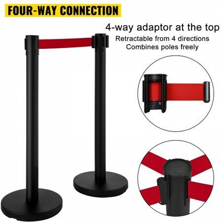 Stanchion Post Barriers 4-Set Line Dividers Stainless Steel Stanchions with 6.6 Black Retractable Belts Stanchions with One Sign Frame 34.6 Queue