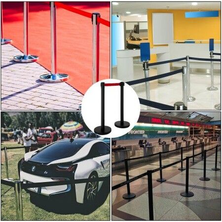 Stanchion Post Barriers 4-Set Line Dividers Stainless Steel Stanchions with 6.6 Black Retractable Belts Stanchions with One Sign Frame 34.6 Queue