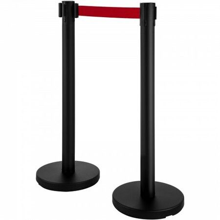 Stanchion Post Barriers 4-Set Line Dividers Stainless Steel Stanchions with 6.6 Black Retractable Belts Stanchions with One Sign Frame 34.6 Queue