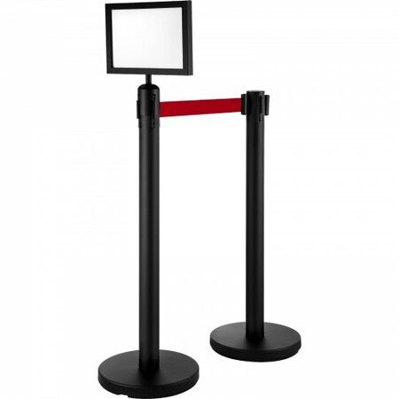 Stanchion Post Barriers 4-Set Line Dividers Stainless Steel Stanchions with 6.6 Black Retractable Belts Stanchions with One Sign Frame 34.6 Queue