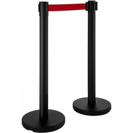 Stanchion Post Barriers 4-Set Line Dividers Stainless Steel Stanchions with 6.6 Black Retractable Belts Stanchions with One Sign Frame 34.6 Queue