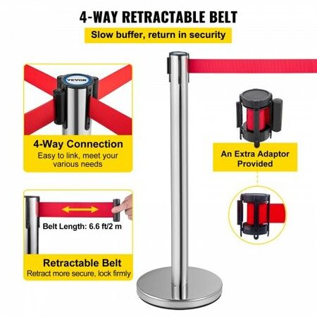 Crowd Control Stanchion Set of 6 Pieces Stanchion Set Stanchion Set with 2 m Red Retractable Belt Crowd Control Barrier with Rubber Base