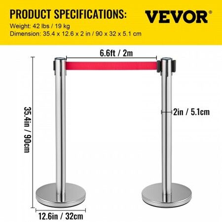 Crowd Control Stanchion Set of 6 Pieces Stanchion Set Stanchion Set with 2 m Red Retractable Belt Crowd Control Barrier with Rubber Base