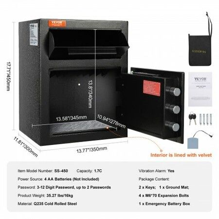 1.7 Cub Depository Safe Deposit Safe with Drop Slot Electronic Code Lock and 2 Emergency Keys 17.71'' x 13.77'' x 13.77'' Business Drop Slot Safe