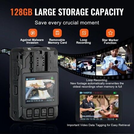 1440P HD Police Body Camera 128GB Body Cam with Audio Video Recording Picture Built-in 3500 mAh Battery 2.0" LCD Infrared Night Vision Waterproof GPS Cam