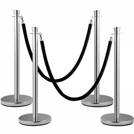 Crowd Control Stanchion Set of 2 Pieces Stanchion Set Stanchion Set with 5 ft/1.5 m Black Velvet Rope Silver Crowd Control Barrier