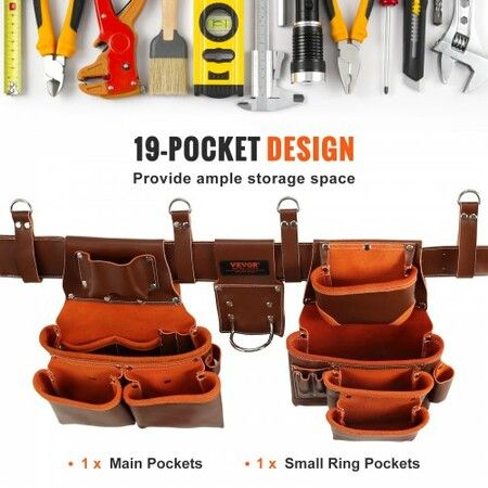 Tool Belt with Suspenders 19 Pockets 29-54 inches Adjustable Waist Size Tool Belts for Men Genuine Leather Heavy Duty Carpenter Tool Pouch Brown