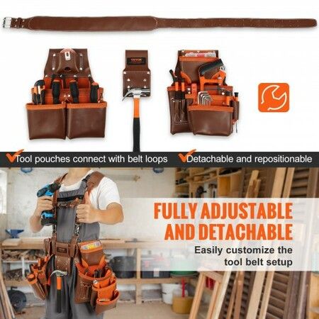 Tool Belt with Suspenders 19 Pockets 29-54 inches Adjustable Waist Size Tool Belts for Men Genuine Leather Heavy Duty Carpenter Tool Pouch Brown