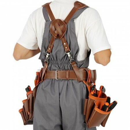 Tool Belt with Suspenders 19 Pockets 29-54 inches Adjustable Waist Size Tool Belts for Men Genuine Leather Heavy Duty Carpenter Tool Pouch Brown