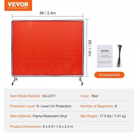 Welding Screen with Frame 6' x 8' Welding Curtain Screen on 4 Wheels Red