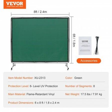 Welding Screen with Frame 6' x 8' Welding Curtain Screen on 4 Wheels Green