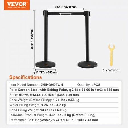 Crowd Control Stanchion 4-Pack Crowd Control Barrier Carbon Steel Baking Painted Stanchion Queue Post with 2PCS 6.5FT Retractable Belt & Fillable Base Belt